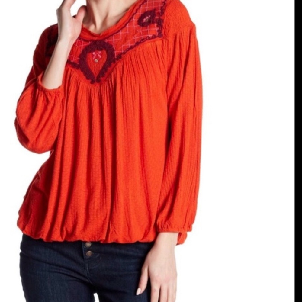 Free People Vibrant orange Blouse with Embroidery